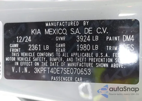 2025 Kia K4 Lxs z USA, uszkodzony, nr VIN 3KPFT4DE7SE070653